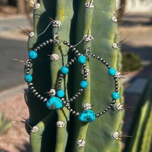SOLD Turquoise Sterling Silver Navajo Pearls Hoop Earrings